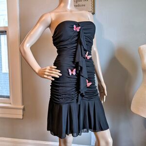 Vintage Y2K My Michelle Black Mini Dress Strapless Ruching Butterfly Rhinestone